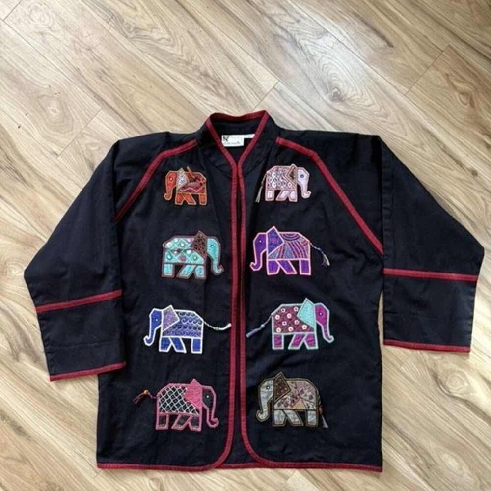 Vintage Yak Magik Black Embroidered Beaded Elephant Tunic Jacket Size M